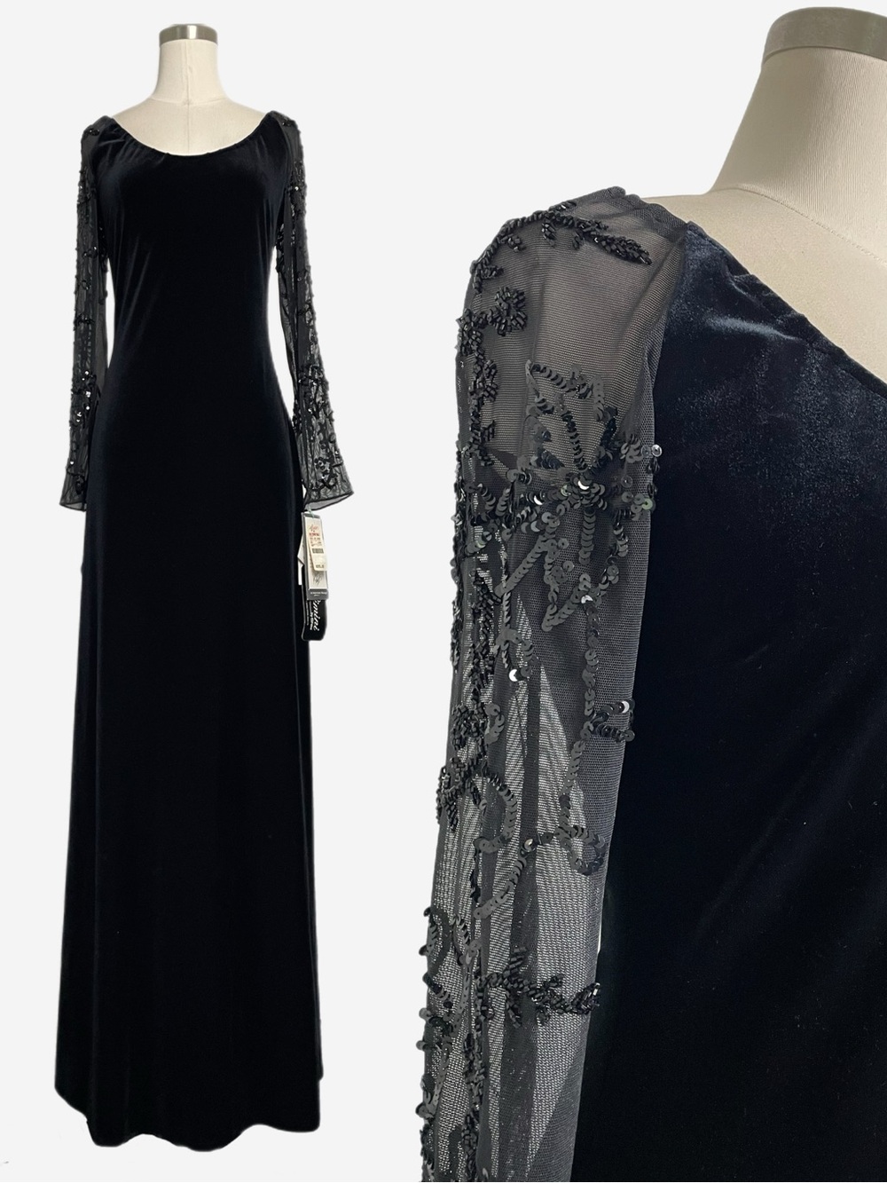 Vintage Y2K Rimini by Shaw NWT black velvet mesh sequin maxi gown holiday S/M